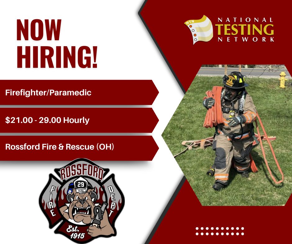 The Rossford Fire &amp; Rescue [Rossford, OH] is hiring for the position of Firefighter/Paramedic.
Please submit your application materials by 5/11/25.
Salary: $21.00 - 29.00 Hourly
For more information, please visit nationaltestingnetwork.com.