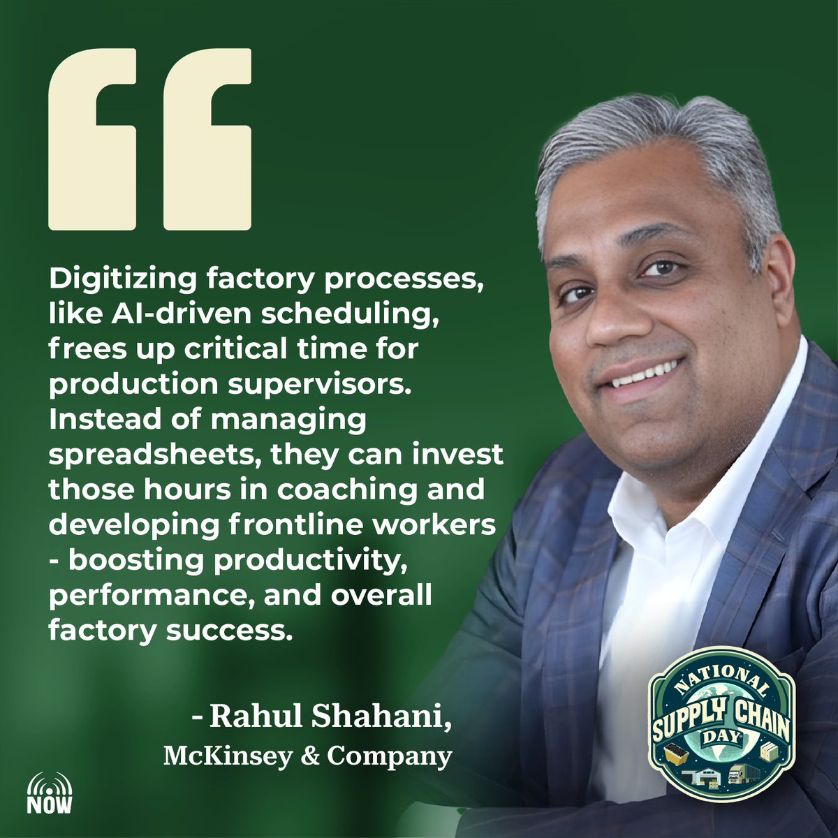 National Supply Chain Day ® (@nationalscday) on Twitter photo With #NSCD2025 less than two weeks away, we’re celebrating how innovations like AI-driven scheduling are boosting productivity & empowering frontline workers. Thanks to leaders like Rahul Shahani from <a href="/McKinsey/">McKinsey & Company</a> for driving progress! <a href="/_supplychainnow/">Supply Chain Now</a>
👉: bit.ly/4jA0Nos With #NSCD2025 less than two weeks away, we’re celebrating how innovations like AI-driven scheduling are boosting productivity & empowering frontline workers. Thanks to leaders like Rahul Shahani from <a href="/McKinsey/">McKinsey & Company</a> for driving progress! <a href="/_supplychainnow/">Supply Chain Now</a>
👉: bit.ly/4jA0Nos