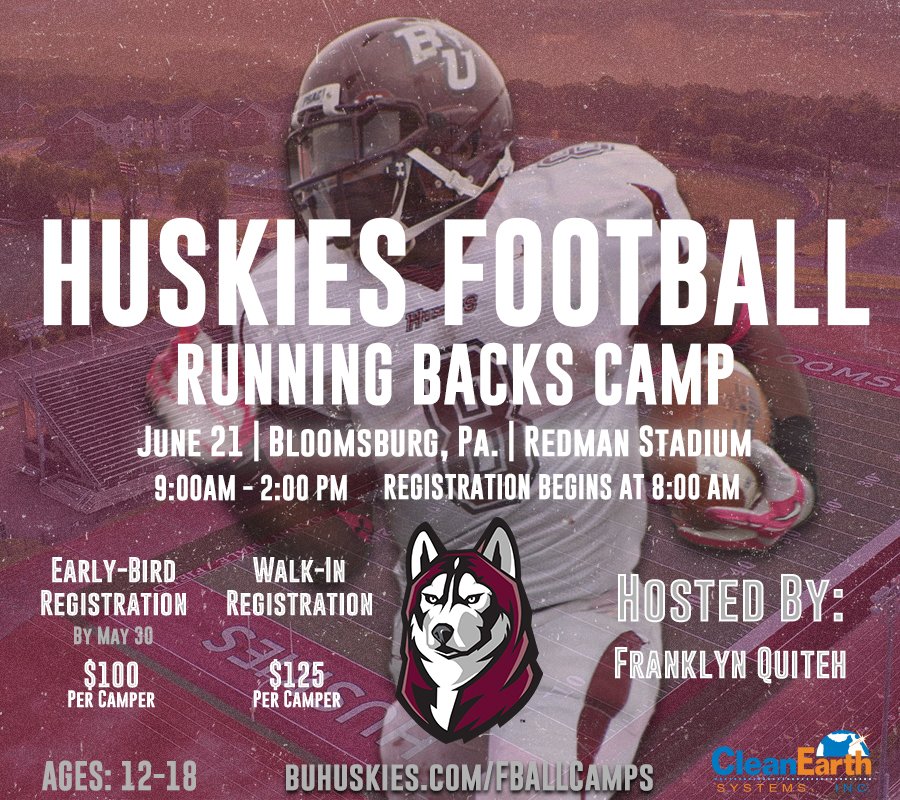 Bloomsburg Huskies (@gobuhuskies) on Twitter photo The Second Annual <a href="/BloomUFootball/">Bloomsburg Football</a> Running Backs Camp registration is now open! Join Bloomsburg Hall of Famer Franklyn Quiteh for a full day of skill position training! Camp is not limited to only running backs!
REGISTRATION INFO: tinyurl.com/3vhxd3vs
#Unleashed The Second Annual <a href="/BloomUFootball/">Bloomsburg Football</a> Running Backs Camp registration is now open! Join Bloomsburg Hall of Famer Franklyn Quiteh for a full day of skill position training! Camp is not limited to only running backs!
REGISTRATION INFO: tinyurl.com/3vhxd3vs
#Unleashed