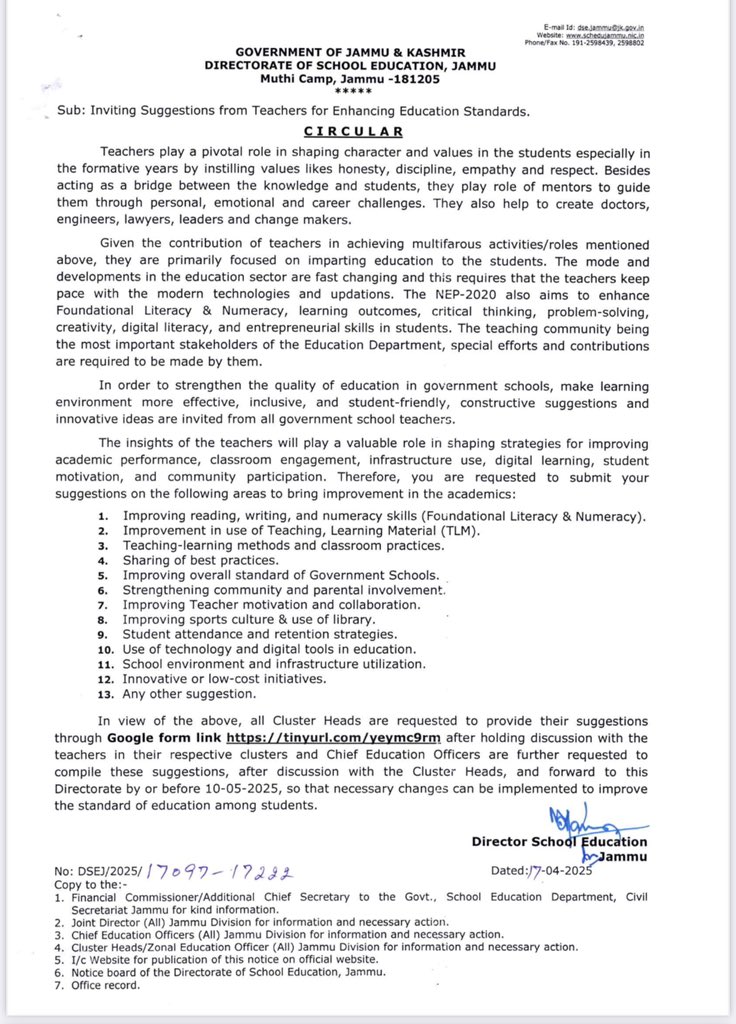 SchoolEdujkut's tweet photo. Submit your suggestions through the following link:
https://t.co/7fKIkzciMg
Deadline: 10th May 2025

Let’s work together to make our schools more inclusive, effective, and student-friendly in the true spirit of NEP 2020! https://t.co/Br80KVXUth