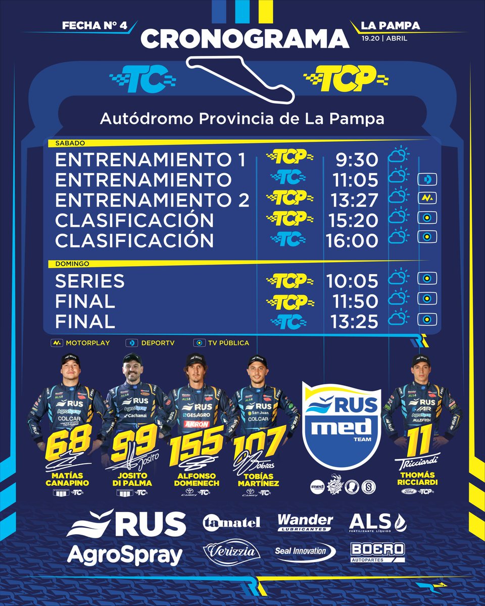 Rus Med Team (@rusmedteam) on Twitter photo โฑ๏ธ CRONOGRAMA
#TCenLaPampa
โ๏ธ <a href="/matiascanapino/">Matias Canapino</a>
โ๏ธ <a href="/jositoooooo/">Josito Di Palma</a>
โ๏ธ <a href="/alfon_domenech/">Alfonso Domenech</a>
โ๏ธ <a href="/tobiasmartiinez/">Tobias Martinez</a>
โ๏ธ <a href="/tomyricciardi/">Tomy Ricciardi</a>
๐ท <a href="/consultoramed/">Consultora Med</a>
<a href="/mauromedina74/">Mauro Medina</a>
@cruzzettiracing
<a href="/carlos_serpero/">Carlos Serpero</a>
๐ #MasQueUnEquipo
<a href="/ruseguros/">ruseguros</a>
<a href="/RUSDeportes/">RUS Deportes</a>
<a href="/AgroSprayAR/">AgroSpray</a>
<a href="/WanderLub/">Wander Lubricantes</a>
<a href="/Exintrader/">Exintrader SA</a> โฑ๏ธ CRONOGRAMA
#TCenLaPampa
โ๏ธ <a href="/matiascanapino/">Matias Canapino</a>
โ๏ธ <a href="/jositoooooo/">Josito Di Palma</a>
โ๏ธ <a href="/alfon_domenech/">Alfonso Domenech</a>
โ๏ธ <a href="/tobiasmartiinez/">Tobias Martinez</a>
โ๏ธ <a href="/tomyricciardi/">Tomy Ricciardi</a>
๐ท <a href="/consultoramed/">Consultora Med</a>
<a href="/mauromedina74/">Mauro Medina</a>
@cruzzettiracing
<a href="/carlos_serpero/">Carlos Serpero</a>
๐ #MasQueUnEquipo
<a href="/ruseguros/">ruseguros</a>
<a href="/RUSDeportes/">RUS Deportes</a>
<a href="/AgroSprayAR/">AgroSpray</a>
<a href="/WanderLub/">Wander Lubricantes</a>
<a href="/Exintrader/">Exintrader SA</a>