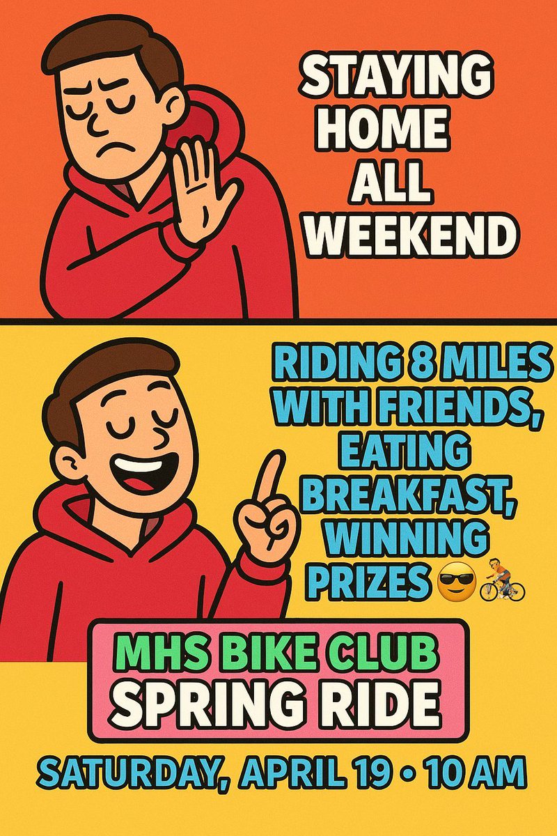 🚲 Why stay home all weekend when you could be riding 8 miles with friends, eating breakfast, and winning prizes? 😎🍩🎁

Join us for the MHS Bike Club Spring Ride!
🗓️ Saturday, April 19
⏰ 10 AM
📍Meet at McClintock High School — park near the volleyball courts!