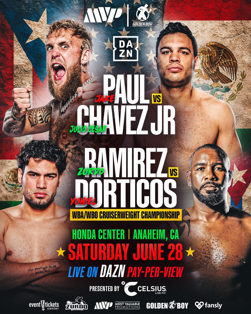 MostVpromotions's tweet photo. 🚨THE WAIT IS OVER🚨 SIGN UP FOR TICKET PRE-SALE (LINK BELOW)

Jake Paul is back in the ring live on DAZN PPV from the Honda Center in Anaheim, CA to take on the former world champion boxer, Julio Cesar Chavez Jr., in what will be his biggest test to date as he charts his own path to world champion.

Our co-main event will be an electric unified championship bout between Golden Boy’s Mexican WBO & WBA unified cruiserweight champion Gilberto “Zurdo” Ramirez and Cuba’s former IBF & WBA cruiserweight world champion and WBA mandatory challenger Yuniel Dorticós. 

MVP 🤝 Golden Boy

Sign up for pre-sale tickets NOW so you don’t miss out on any of the action!! Link below🥊

https://t.co/N8YoynTCJR