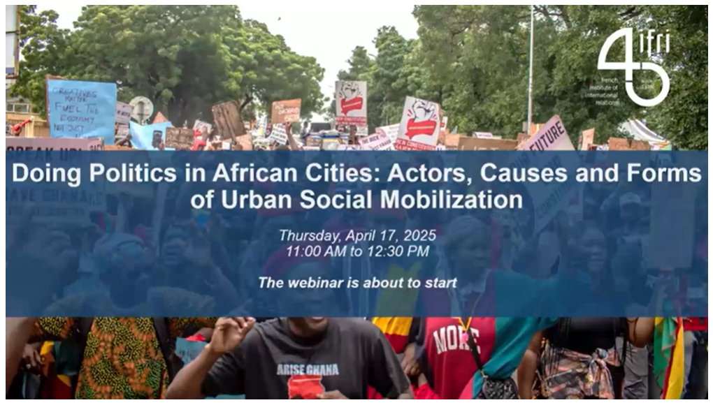 📽️🌍Comment l'expansion des villes et la population de plus en plus jeune en #Afrique influencent-elles le politique ?
➡️Retrouvez le replay de notre webinaire sur les mobilisations sociales urbaines sur notre site: ifri.org/en/doing-polit…