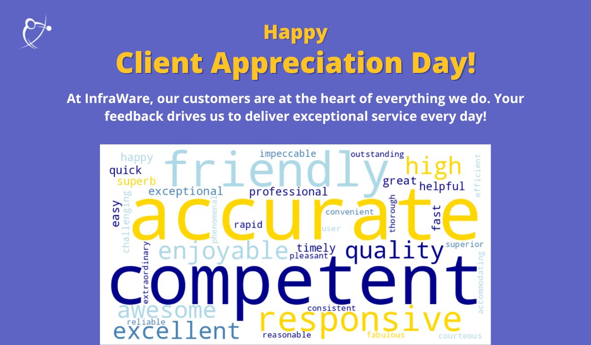 Check out this word cloud showcasing the amazing things our clients have to say about us. Your trust and support mean the world to us!

Wishing you a fantastic day! 😊

#CustomerAppreciation #InfraWare #MedicalTranscription #HappyClients #FeedbackMatters