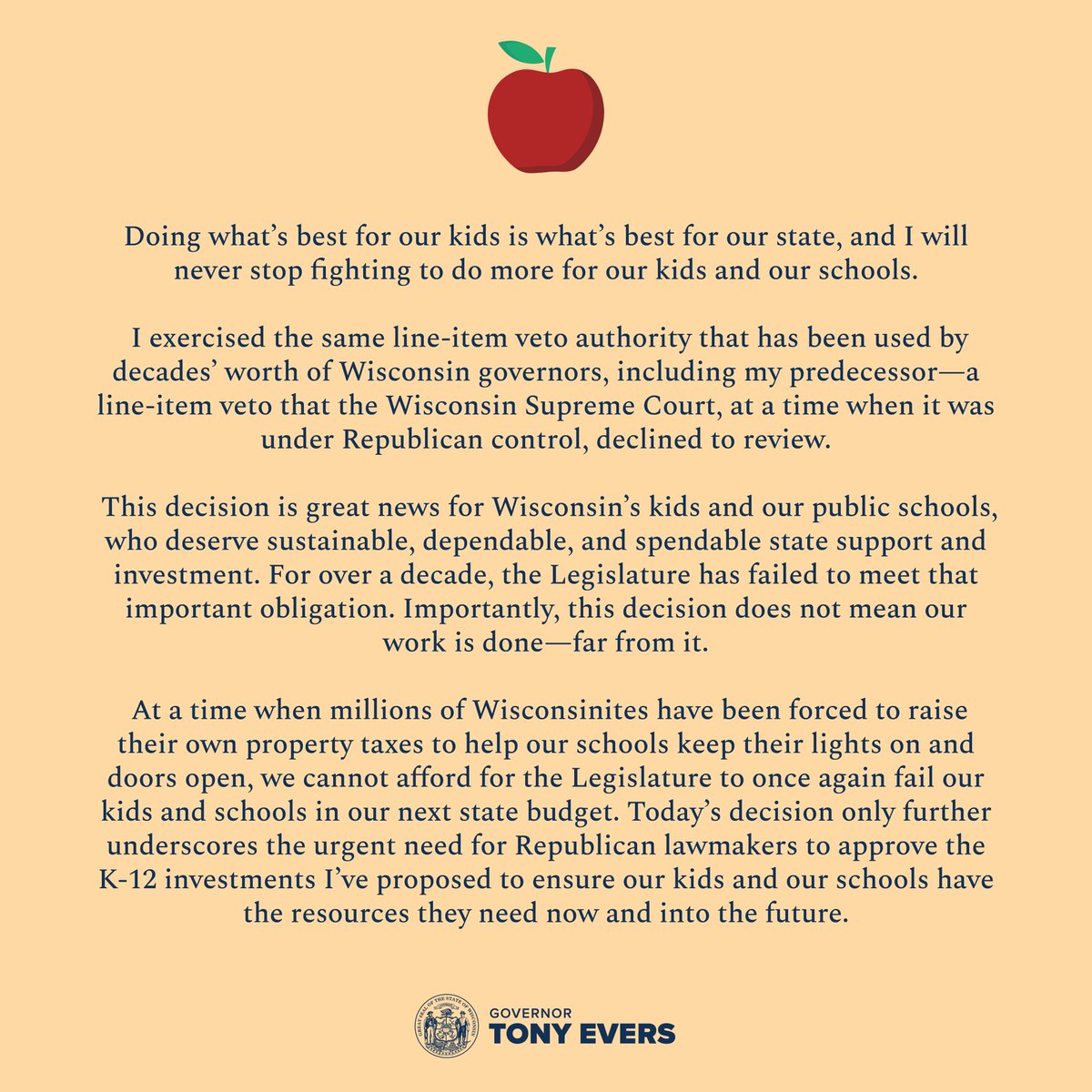Here's my statement on the Wisconsin Supreme Court's decision to uphold my 400-year veto.

TL;DR: Hell yes! ⬇️