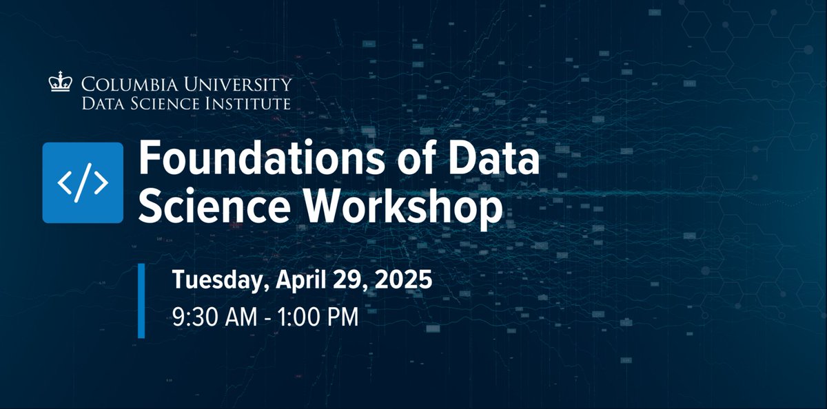 The Data Science Institute at Columbia University (@datascicolumbia) on Twitter photo Join our upcoming Foundations of Data Science Workshop! <a href="/Columbia/">Columbia University</a> researchers will showcase their work in the diverse realms of data science methods and applications.
🗓️ Tuesday, April 29
⏰ 9:30 am - 1:00 pm
Learn more and register ➡️ datascience.columbia.edu/event/foundati… Join our upcoming Foundations of Data Science Workshop! <a href="/Columbia/">Columbia University</a> researchers will showcase their work in the diverse realms of data science methods and applications.
🗓️ Tuesday, April 29
⏰ 9:30 am - 1:00 pm
Learn more and register ➡️ datascience.columbia.edu/event/foundati…