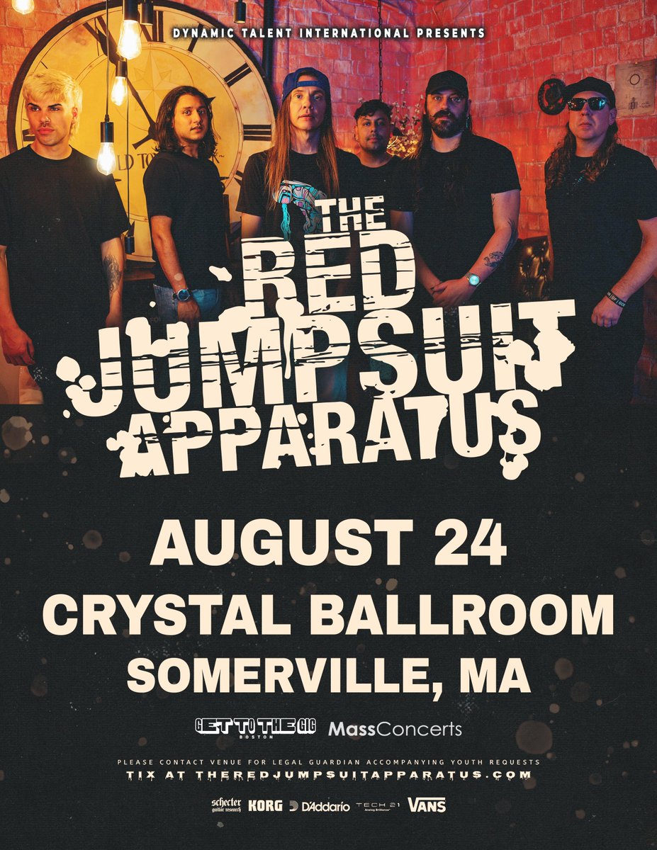 Crystal Ballroom (@crystalsville) on Twitter photo Get ready for the Red Jumpsuit Apparatus, playing the Crystal Ballroom on August 24th. Tickets on sale NOW! presented by @Get2theGigBos / <a href="/MassConcerts/">MassConcerts</a>
#livemusic #somervillema <a href="/redjumpsuit/">THE RED JUMPSUIT APPARATUS</a> Get ready for the Red Jumpsuit Apparatus, playing the Crystal Ballroom on August 24th. Tickets on sale NOW! presented by @Get2theGigBos / <a href="/MassConcerts/">MassConcerts</a>
#livemusic #somervillema <a href="/redjumpsuit/">THE RED JUMPSUIT APPARATUS</a>