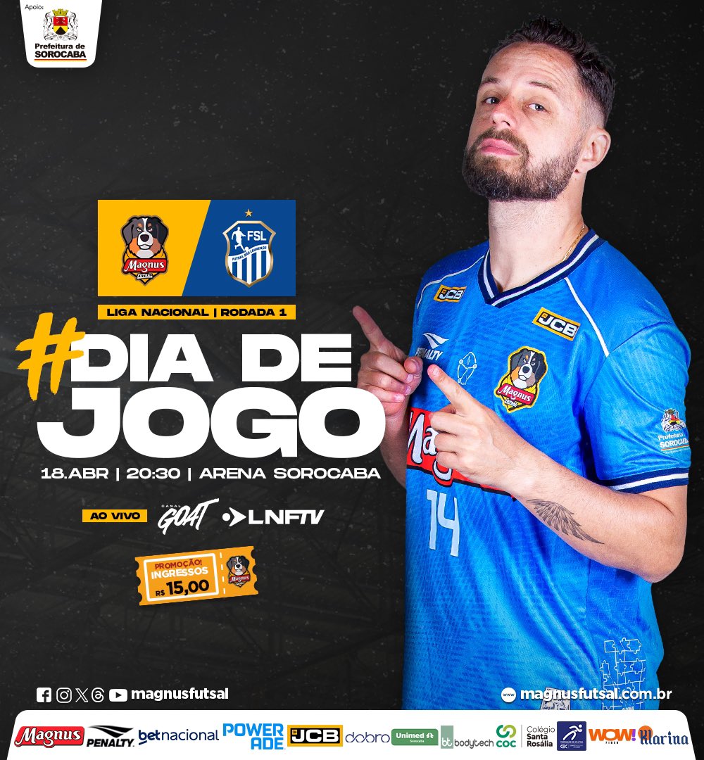 MagnusFutsal's tweet photo. Hoje tem duelo contra o São Lourenço, às 20h30, na Arena Sorocaba, pela Liga Nacional. Jogo número 600 do Capita!

#GoMagnus https://t.co/DsZNuuIEux