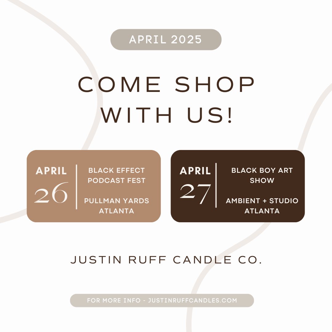 jruffcandles's tweet photo. ✨ Spring has sprung and we’re OUTSIDE! ✨ 

Pull up on us next Saturday (4/26) at the Black Effect Podcast Festival! Can’t make that one? Catch us next Sunday (4/27) at the Black Boy Art Show!

🗓️ Mark your calendars and come shop with us! Let’s connect over art, culture, and candles! 

🎟️ Tickets are available now! Visit https://t.co/mxCZVAOpIp for all the details.