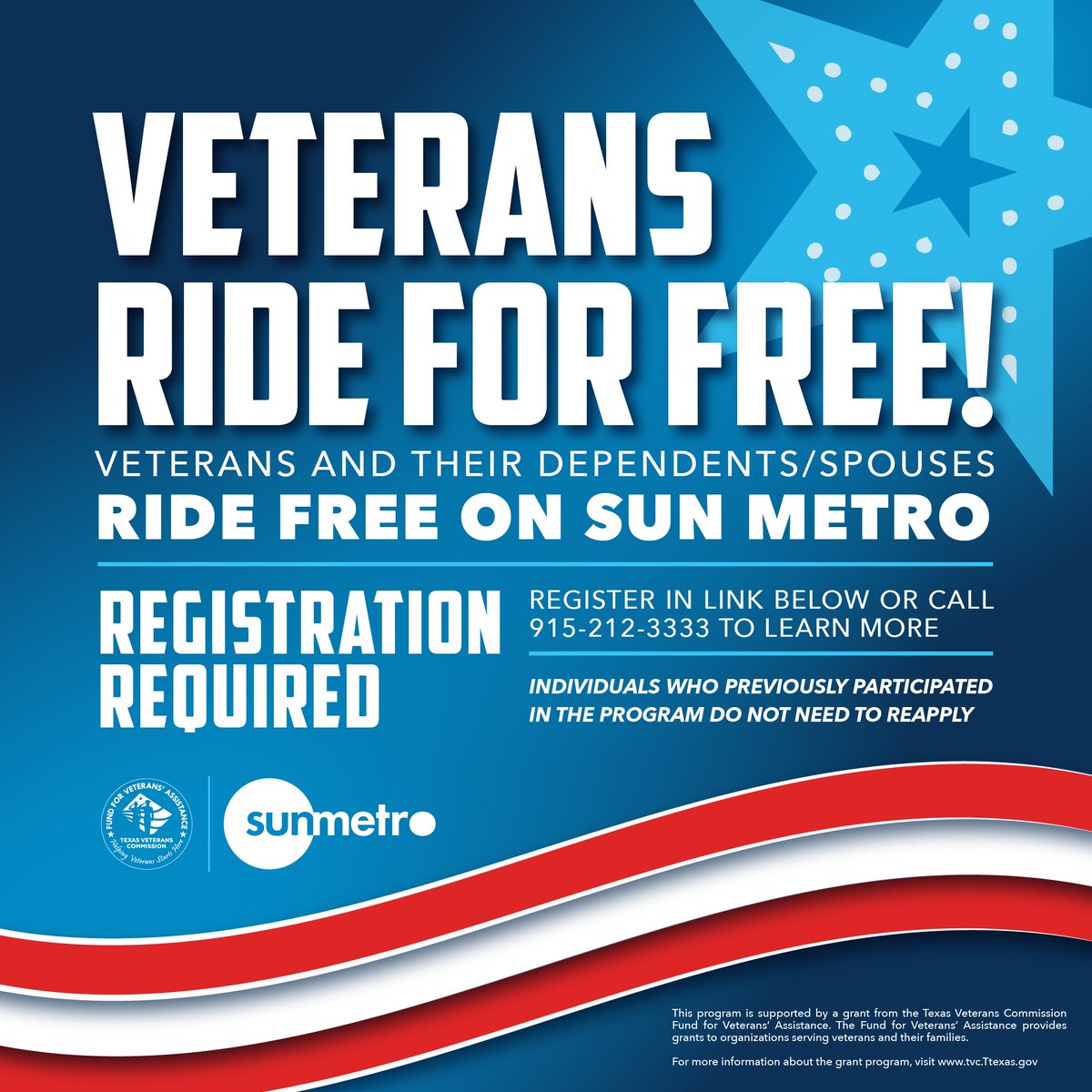 🚍🇺🇸 Veterans ride free with Sun Metro! Enjoy free rides on Fixed Routes, Brio, and LIFT services. Apply now at sunmetro.net/VetsRideFree!

Returning applicants do not need to reapply. Just call (915) 212-3333 to confirm your info.

#Veterans #ElPaso #TexasVeterans