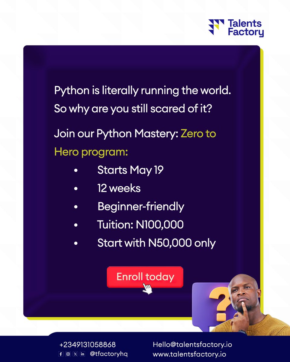 tfactoryhq's tweet image. Comment “ZERO TO HERO” or hit the link in bio to join the next Bootcamp
#PythonFacts #LearnPython #PythonMastery #TalentsFactory #FromZeroToHero #TechEducation #BackendDev #DataScienceJourney
