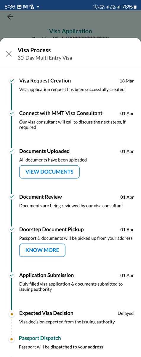 pratishd's tweet photo. @makemytrip I have applied for Singapore visa for my parents on 18 Mar for there travel on 23 April. Have not received the Evisa yet. And no response on mmt support number. I have dropped multiple emails to visa expert assigned but no response.  My booking id is NV8C********7008 https://t.co/Ntp97m3dih