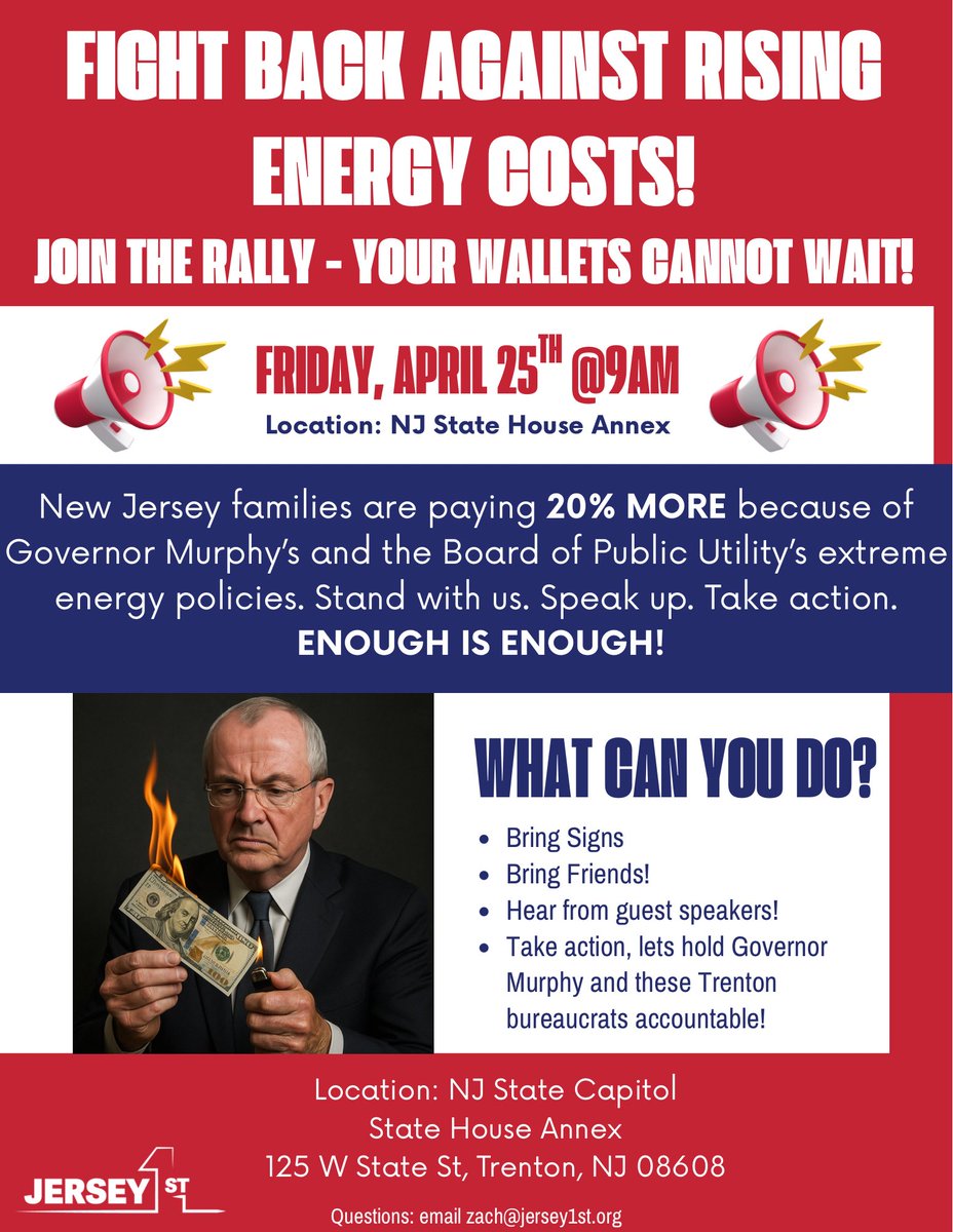 Jrsy1st's tweet photo. Murphyโs extreme green energy mandates are burning our wallets! Take action, join us on Friday!
#rally #njpolitics #takebacknj https://t.co/gqUecA6VDt