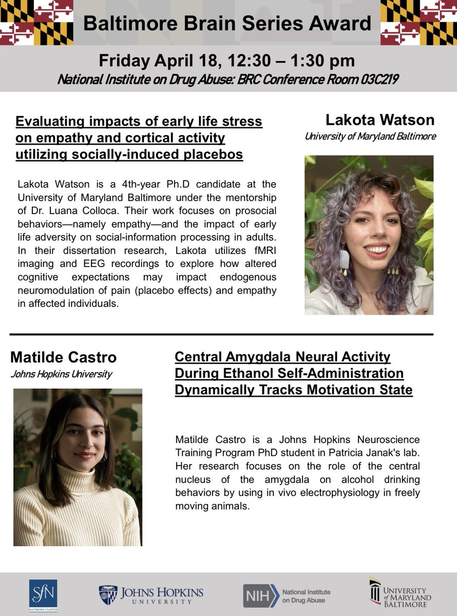 BaltimoreBrainSeries (@bmorebrainy) on Twitter photo Join us TODAY from 12:30-1:30 at NIDA for another Baltimore Brain Series seminar! Awardees Matilde Castro from JHU and Lakota Watson from UMB will present their important and innovative work. This event will be in person only! <a href="/NIDAnews/">NIDAnews</a> Join us TODAY from 12:30-1:30 at NIDA for another Baltimore Brain Series seminar! Awardees Matilde Castro from JHU and Lakota Watson from UMB will present their important and innovative work. This event will be in person only! <a href="/NIDAnews/">NIDAnews</a>