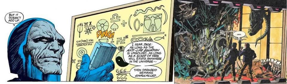 ExploreAlien's tweet photo. Panel showing the Alien Queen and warriors from Alien vs Predator #1  (published June 1990) references panel showing the character Darkseid  holding a mother box, working out the Anti-Life equation from  Saga of the Swamp Thing Vol 2 #62 (Published 1987) https://t.co/iqkJLntQ9t https://t.co/fnpmwiMTYB