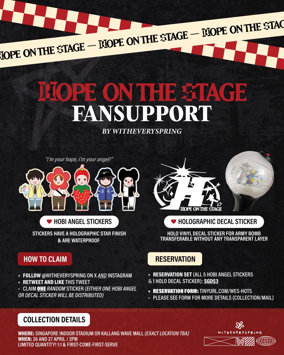 [PLS HELP RT]

✮⋆°✩ HOTS in SG FANSUPPORT ♡⋆˚𝜗𝜚⋆

💜 giving out free Hobi Sonny Angel stickers &amp; Army Bomb decal stickers on day 1 &amp; 2~

💝 limited qty! reserve yours now: tinyurl.com/wes-hots

#HOPE_ON_THE_STAGE_TOUR_SINGAPORE #HOS_TOUR_SINGAPORE
#JHOPEinSINGAPORE
