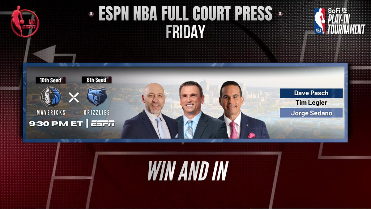 ESPN PR (@espnpr) on Twitter photo Win & you're in!
Friday, <a href="/ESPNNBA/">NBA on ESPN</a> presents a '25 NBA #SoFiPlayIn Tournament matchup - with the final Western Conference playoff spot on the line
π 9:30p ET | #MFFL vs #GrindCity | ESPN Win & you're in!
Friday, <a href="/ESPNNBA/">NBA on ESPN</a> presents a '25 NBA #SoFiPlayIn Tournament matchup - with the final Western Conference playoff spot on the line
π 9:30p ET | #MFFL vs #GrindCity | ESPN