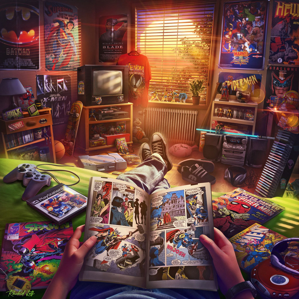 A tribute to the golden era of late '90s comics – when afternoons were all about getting lost in epic battles, colorful heroes, and endless imagination.
From Spider-Man to Spawn, this artwork is a love letter to the days when comics, video games, and pure adventure ruled our