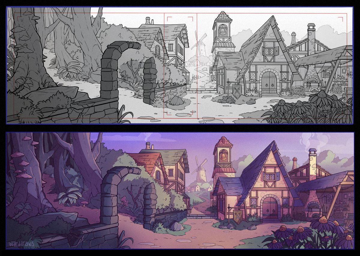 Officially finished up with my animation program this week and am excited to finally share some of the work I've been doing! 

Here's a layout + background paint of a medieval village I worked on as visdev for a short film I'm working on! 🐐 #visdev