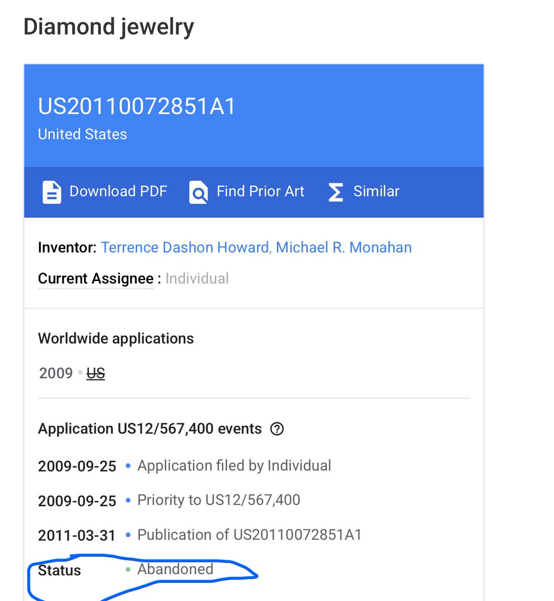 winthewestback's tweet photo. @patrickbetdavid Here is where is shows the other two jewelry patents applications were abandoned as well. https://t.co/hmEh3TJsw6