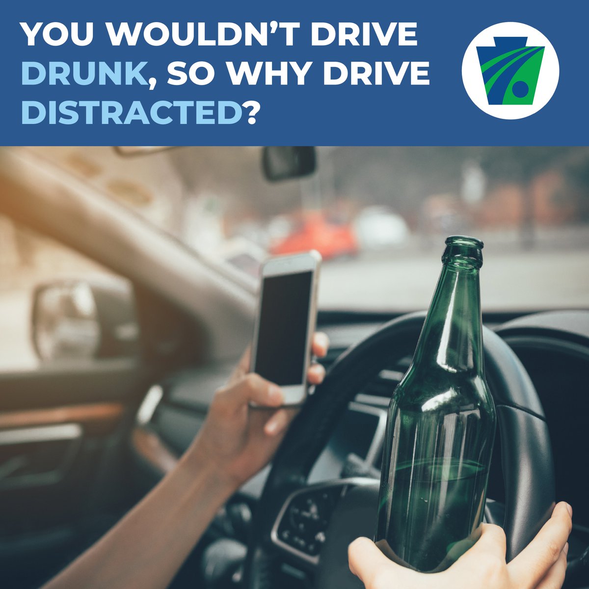 PennDOTNews's tweet image. You wouldn’t drive drunk, so why drive distracted? 

Cell phone use delays a driver's reactions as much as having a BAC of .08%. Distracted driving is also illegal. 

This June, Paul Miller’s Law makes it illegal to hold a mobile phone while driving. 

#PALaw #BeSafePA