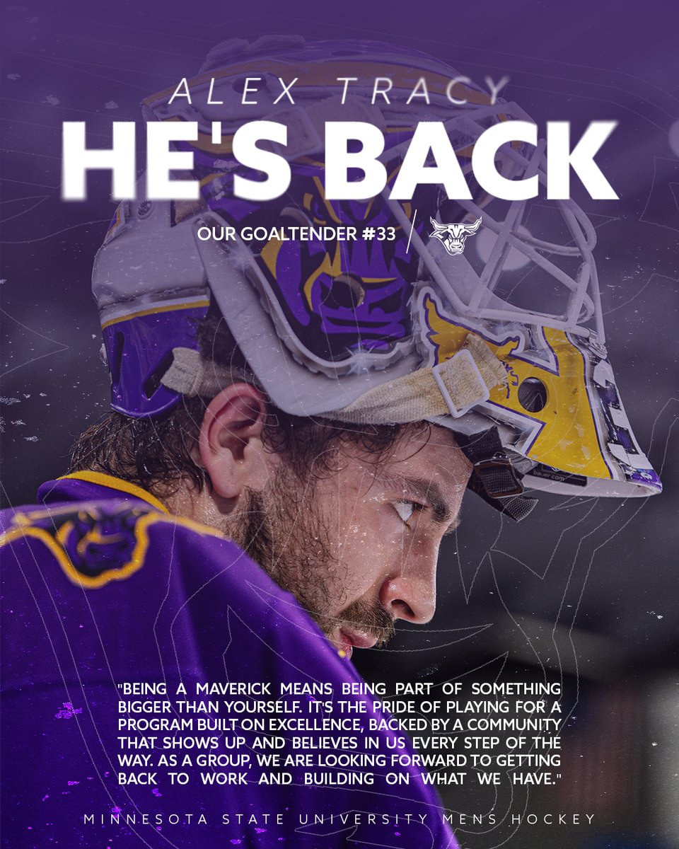 MinnStMHockey's tweet photo. 🔥 HE’S BACK 🔥
Alex Tracy returns to the net for the Mavericks in 2025! 💜🥅
After a HUGE season:

🏆 CCHA Player of the Year
🥅 CCHA Goaltender of the Year
🏒 Hobey Baker Nominee
🥉 Mike Richter Finalist
⭐ AHCA/CCM All-American (2nd Team)

The wall is back. Let’s ride, #MavFam.