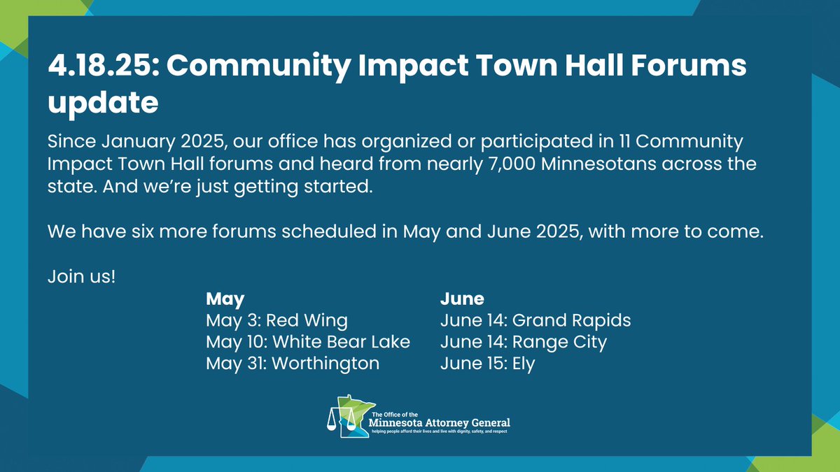 Since Jan 2025, our office has organized or participated in 11 Community Impact Town Hall forums and heard from nearly 7,000 Minnesotans across the state.

And we’re just getting started. We have more forums coming up and I hope you'll join us.

Register: bit.ly/mn-ago-forums