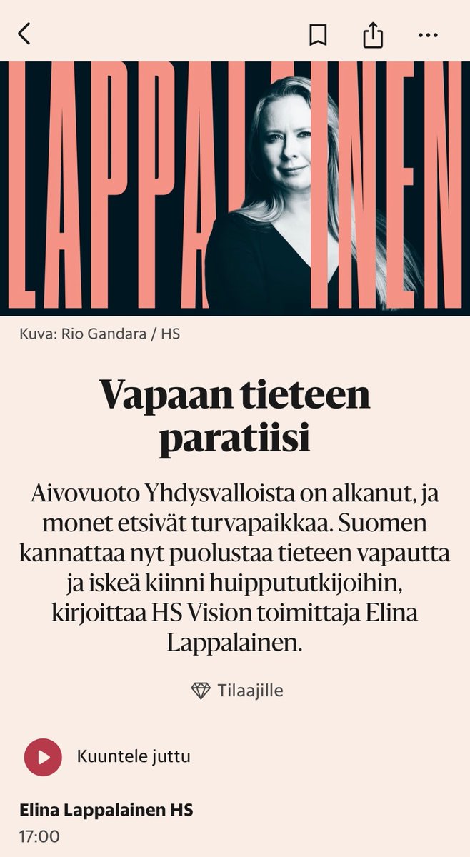 Liikaa ei kannata ylpistyä ja innostua heiluttamaan tieteen vapauden lippua, ellei sitä tosissaan puolusteta myös Suomessa.

Vielä 2023 Suomi sijoittui Academic Freedom Index -raportissa sijalle 12.
2025 raportissa Suomen sijoitus romahti sijalle 47

hs.fi/visio/art-2000…