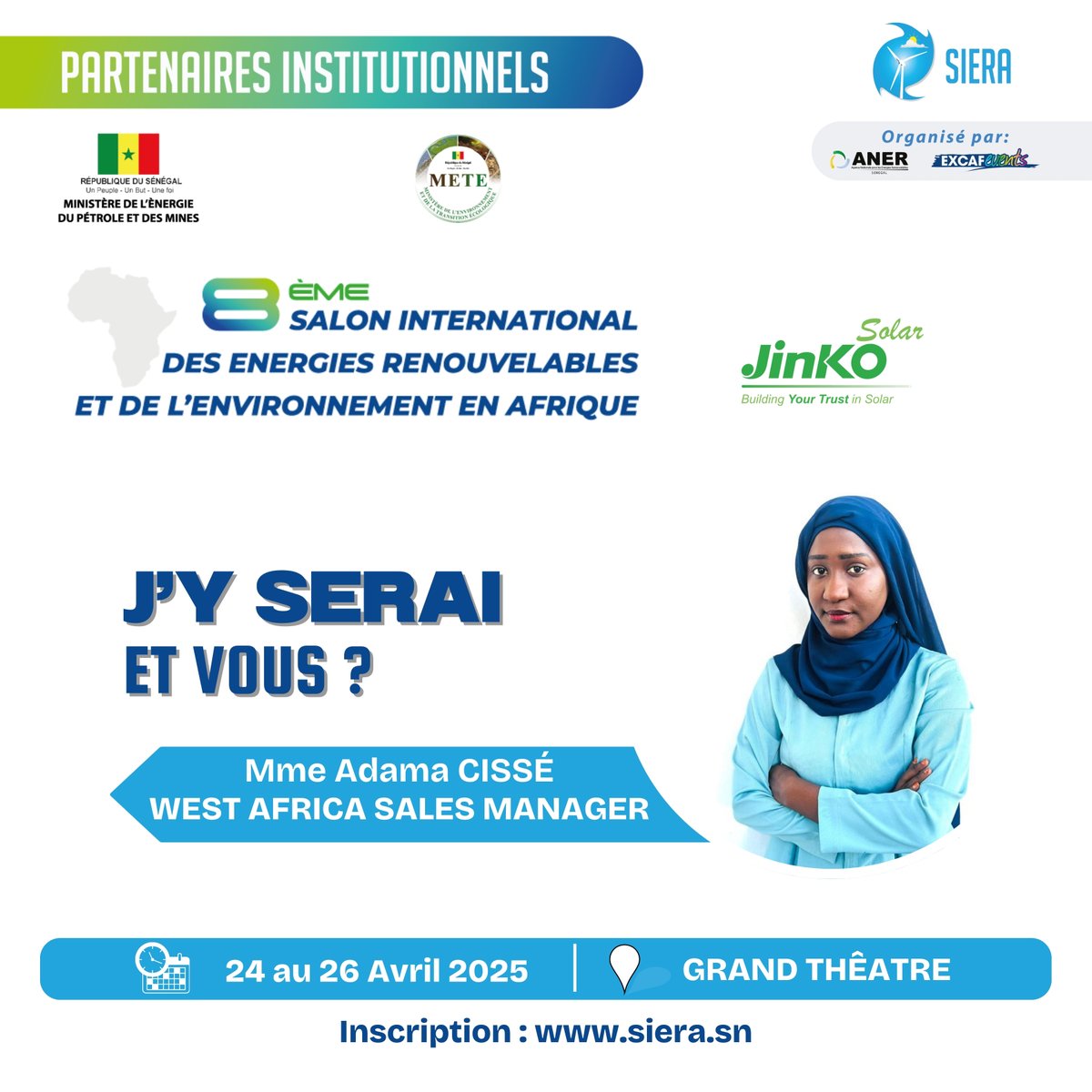 Siera2025's tweet photo. ☀️ @JinkoSolar rejoint le #SIERA2025 ! Découvrez les technologies solaires haut rendement de ce leader mondial.
Le SIERA 2025 se tiendra du 📅 24 au 26 avril 2025, au📍 Grand Théâtre de Dakar (Sénégal).
👉 Échangez avec leurs experts sur place !
#SIERA2025 #JinkoSolar https://t.co/QYyRQJsZ1v