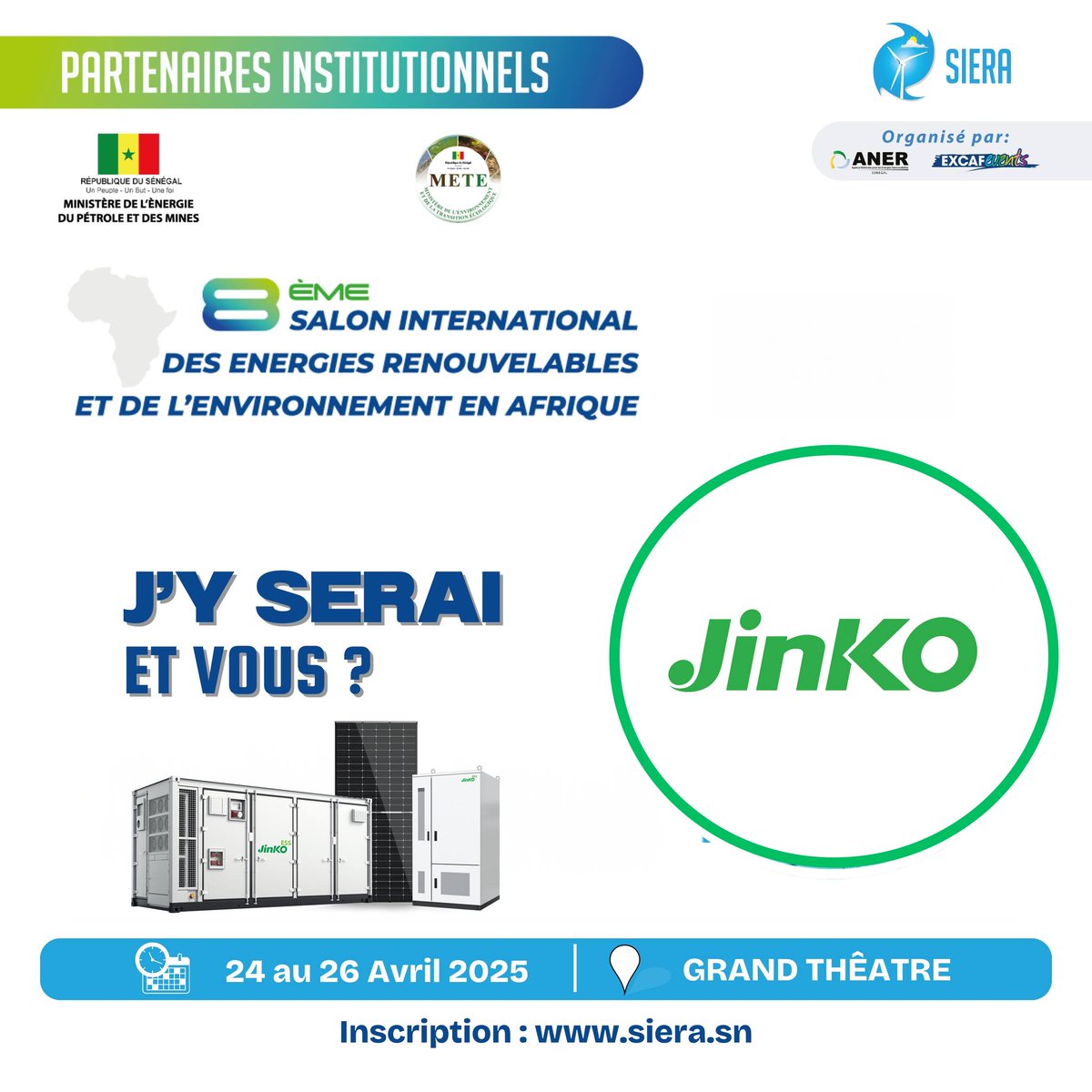 Siera2025's tweet photo. ☀️ @JinkoSolar rejoint le #SIERA2025 ! Découvrez les technologies solaires haut rendement de ce leader mondial.
Le SIERA 2025 se tiendra du 📅 24 au 26 avril 2025, au📍 Grand Théâtre de Dakar (Sénégal).
👉 Échangez avec leurs experts sur place !
#SIERA2025 #JinkoSolar https://t.co/QYyRQJsZ1v