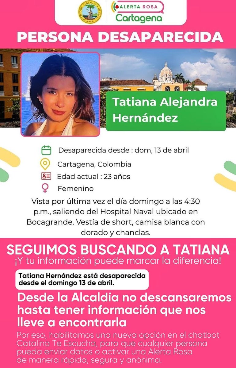 REPORTE Y ANUNCIO: A través de <a href="/secinteriorctg/">Secretaría del Interior de Cartagena</a> <a href="/PoliciaCtagena/">Policía Metropolitana de Cartagena de Indias</a> y <a href="/ArmadaColombia/">Armada de Colombia</a>, seguimos con las labores de búsqueda de la médica Tatiana Hernández. Toda la información obtenida en las investigaciones la tiene <a href="/FiscaliaCol/">Fiscalía Colombia</a>. 

ANUNCIO: Ofrecemos una RECOMPENSA de hasta $50