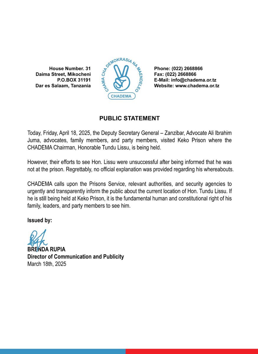 CHADEMA statement on Hon. <a href="/TunduALissu/">Tundu Antiphas Lissu</a>'s disappearance from prison.