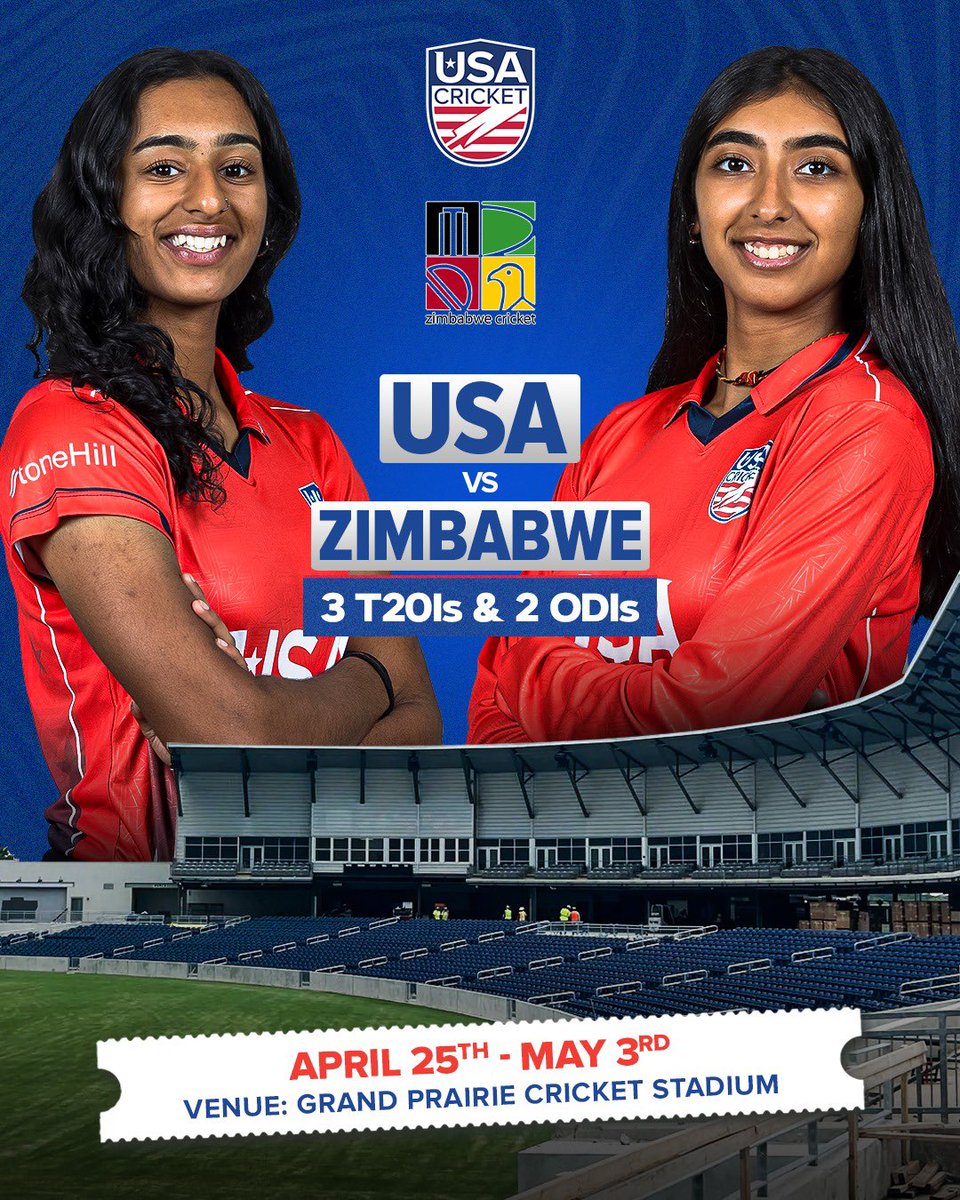 usacricket's tweet photo. Home Series incoming…🏏

 #TeamUSA Women are all set to take on Zimbabwe at HOME! 🤩🔥

🗓️ April 25th - May 3rd 
3️⃣ T20is
2️⃣ ODIs
🏟️ Grand Prairie Cricket Stadium

#USAvZIM | #WeAreUSACricket 🇺🇸 https://t.co/QtnTuEmUTX