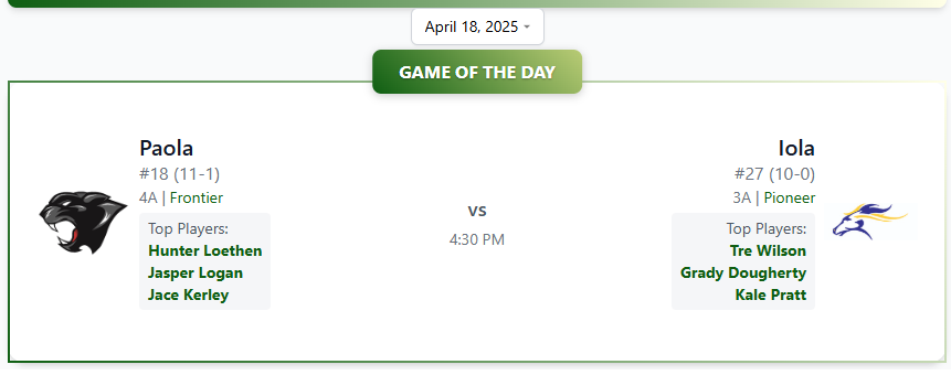 🆚Game of the Day🆚

Iola <a href="/IolaFans/">Iola Mustangs Baseball</a> 
           @
Paola <a href="/PaolaBaseball/">Paola High School Baseball</a>