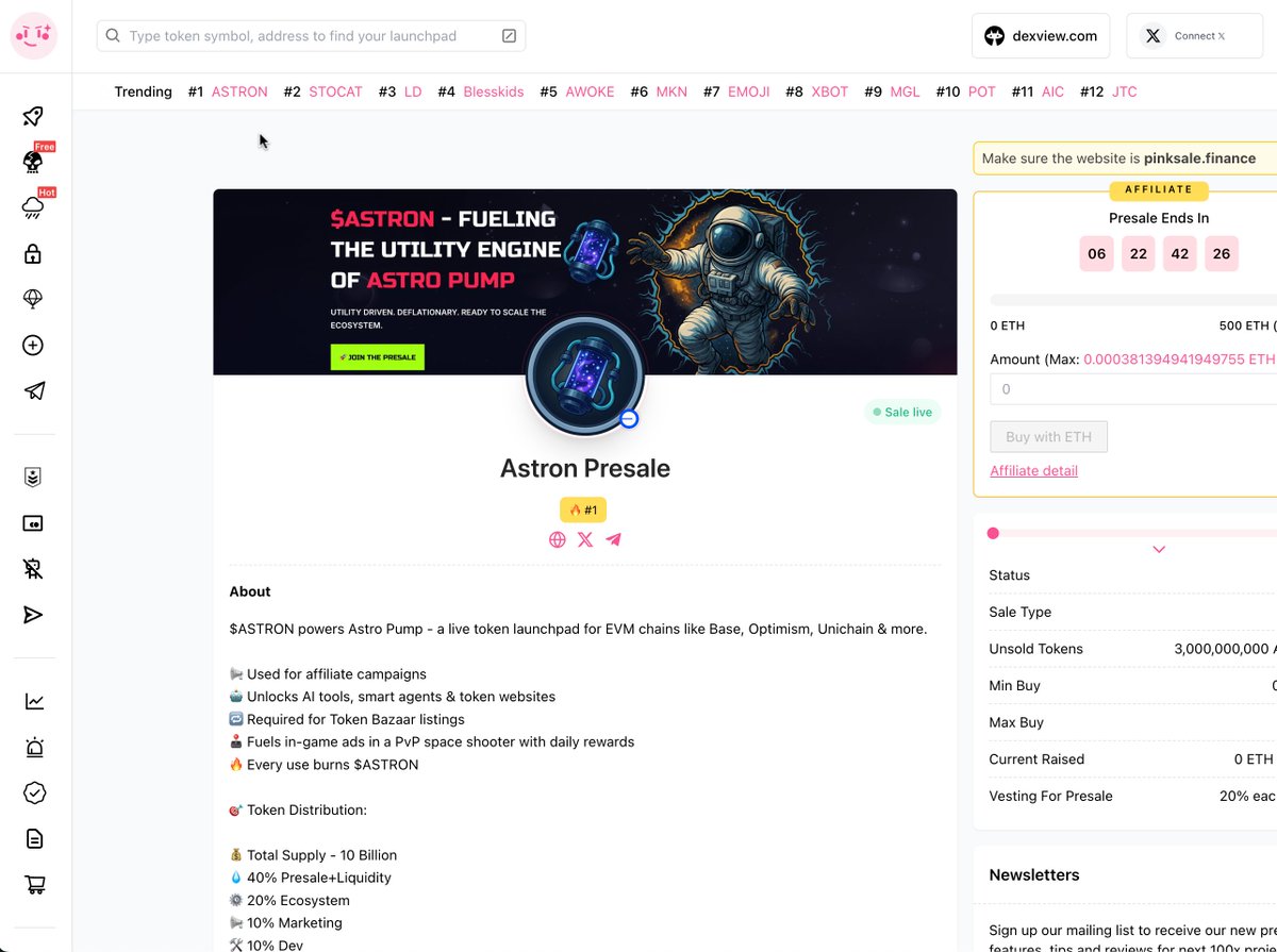 We’re trending #1 on PinkSale! 🚀🔥
The $ASTRON presale is LIVE — and the galaxy’s already watching 👀🌌
⏳ Don’t miss your shot before liftoff.
👉 pinksale.finance/launchpad/base…

#ASTRON #AstroPump #Presale #PinkSale
