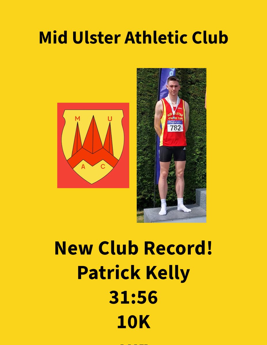 Patrick Kelly has smashed the Mid Ulster AC 10K road record this morning in Manchester at the Salford 10K by running 31:56 to come home in 8th place overall 😍 Patrick is now the club record holder at 10K, Half Marathon, and also on the track over the 3000m Steeplechase!