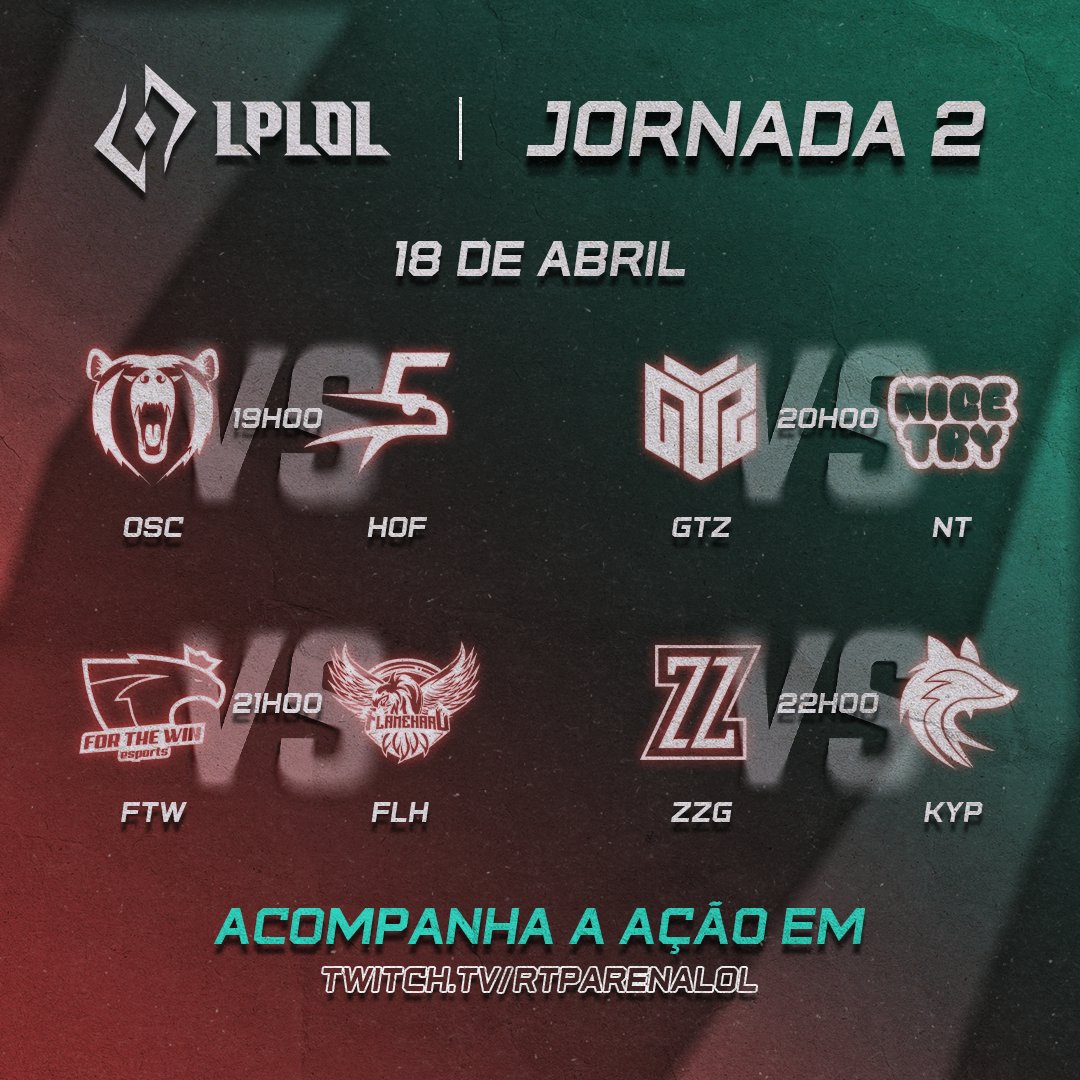 LPLOL (@lplol_pt) on Twitter photo Já vamos para o nosso segundo dia de LPLOL 🎉
Qual é o jogo que estão mais ansiosos para ver? 🧐
<a href="/OdivelasSC/">Odivelas Sports Club</a> 🆚 <a href="/HOF_esports/">HOF | Hurricane Of Feathers</a>
<a href="/GTZEsports/">GTZ Esports</a> 🆚 <a href="/NiceTryEsport/">Nice Try</a>
<a href="/ftwesports/">FTW | For The Win Esports</a> 🆚 <a href="/flamehardorg/">Flamehard</a>
<a href="/zerozone_gaming/">ZeroZone Gaming</a> 🆚 <a href="/KeypulseEsports/">Keypulse Esports</a>
Começa já às 19h em twitch.tv/rtparenalol 📺 Já vamos para o nosso segundo dia de LPLOL 🎉
Qual é o jogo que estão mais ansiosos para ver? 🧐
<a href="/OdivelasSC/">Odivelas Sports Club</a> 🆚 <a href="/HOF_esports/">HOF | Hurricane Of Feathers</a>
<a href="/GTZEsports/">GTZ Esports</a> 🆚 <a href="/NiceTryEsport/">Nice Try</a>
<a href="/ftwesports/">FTW | For The Win Esports</a> 🆚 <a href="/flamehardorg/">Flamehard</a>
<a href="/zerozone_gaming/">ZeroZone Gaming</a> 🆚 <a href="/KeypulseEsports/">Keypulse Esports</a>
Começa já às 19h em twitch.tv/rtparenalol 📺