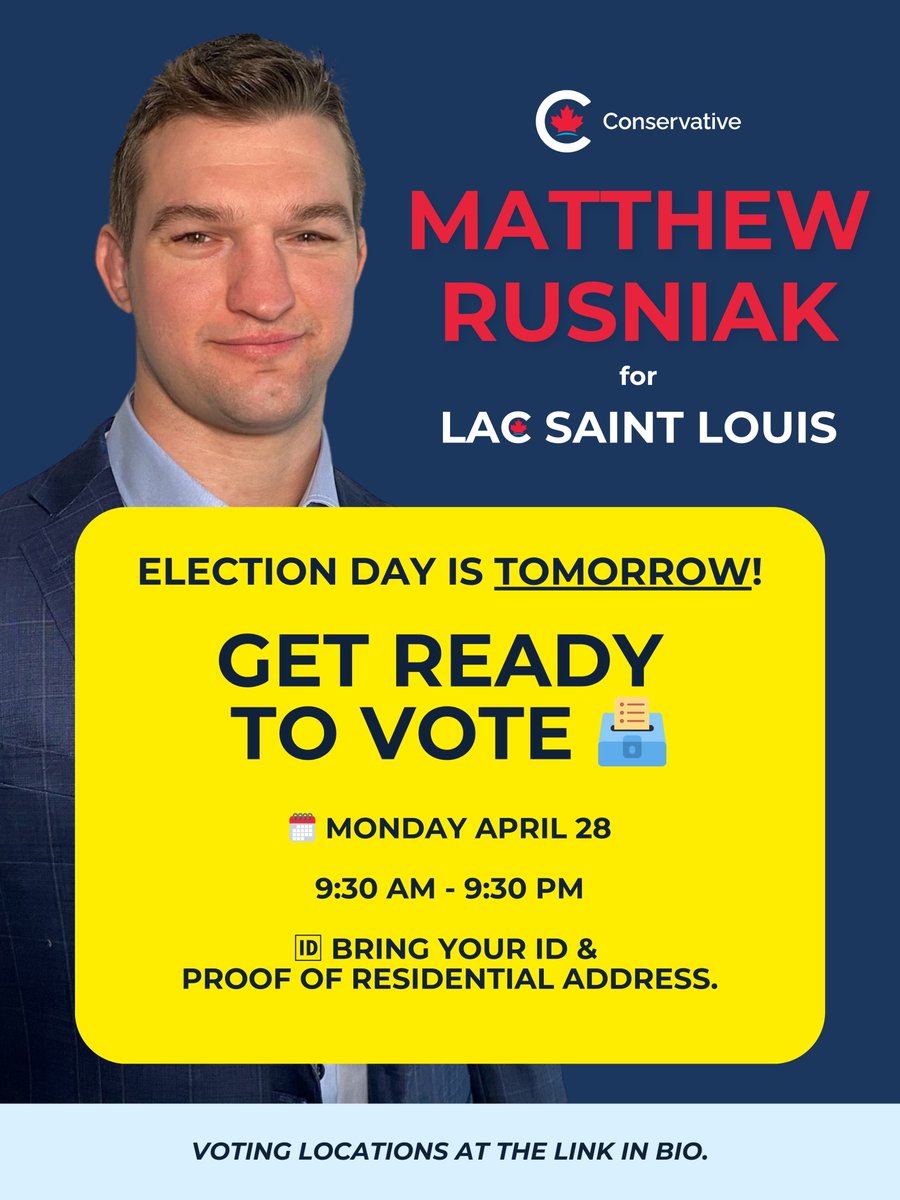MatthewRusniak's tweet photo. TOMORROW — LAST CHANCE TO VOTE! 🗳️ 🇨🇦 Polling Sites ⬇️
DEMAIN — DERNIÈRE CHANCE POUR VOTER ! 🗳️ 🇨🇦
Lieux de vote ⬇️

Pointe Claire

Baie-de-Valois Nautical Center
90, Chemin du Bord-du-Lac

Cedar Park United Church
204 Lakeview Avenue

Chalet Arthur-Seguin
365, Saint-Louis Street

Chalet Parc Hermitage
400, Hermitage

Church of St. John the Baptist
233 Sainte-Claire Avenue

Horizon High School
90 Jubilee Square

John Rennie High School
501 Saint-Jean Boulevard

Lakeshore Trinity United Church
98 Aurora Avenue

Lakeside Heights Baptist Church
275 Braebrook Avenue

Le Cambridge
340 Hymus Boulevard

Le Cambridge East
300 Hymus Boulevard

Lumia Pointe Claire
15, place de la Triade

St. John Fisher School
121 Summerhill Avenue

The Wellesley Pointe Claire
230 Hymus Boulevard

Beaconsfield

Beacon Hill School
170, promenade Alton

Beaconsfield High School
250, chemin Beaurepaire

Beaconsfield United Church
202, chemin Woodside

Sherbrooke Academy Senior
313 Windermere Street

St. Edmund School
115 Beaconsfield Boulevard

Kirkland

Chartwell Manoir Kirkland
2 Canvin Street

Ecclestone Park Chalet
130 Argyle Street

Emilie-Nelligan Elementary School
101 Charlevoix Street

Holleuffeur Chalet
75 Charlevoix Street

Kirkland Chalet
81 Park Ridge Street

Kirkland Sport Complex
16950 Hymus Boulevard

Maison Lanthier
11 Chemin Lanthier

Sainte-Anne-de-Bellevue

Chalet Peter Williamson
300 Cypihot Street

Harpell Centre
60 Saint Pierre Street

Saint-Anne Hospital
305 des Anciens-Combattants Boulevard

Baie-d’Urfe

Dorset School
106 Dorset Street

Pierrefonds

Chalet Grier
17760 Meloche Street

Ecole primaire de l'Odyssée
4348 Alain Street

St. Anthony School
17750 Meloche Street

St. Thomas A Becket Church
4320 Sainte-Anne Street

St-George and St-Joseph Church
17400 Pierrefonds Boulevard

Westview Bible Church
16789 Pierrefonds Boulevard

#pointeclaire #beaconsfield #westisland #kirkland #saintannedebellevue #baiedurfe #lacsaintlouis #voting #canada #election #rusniak