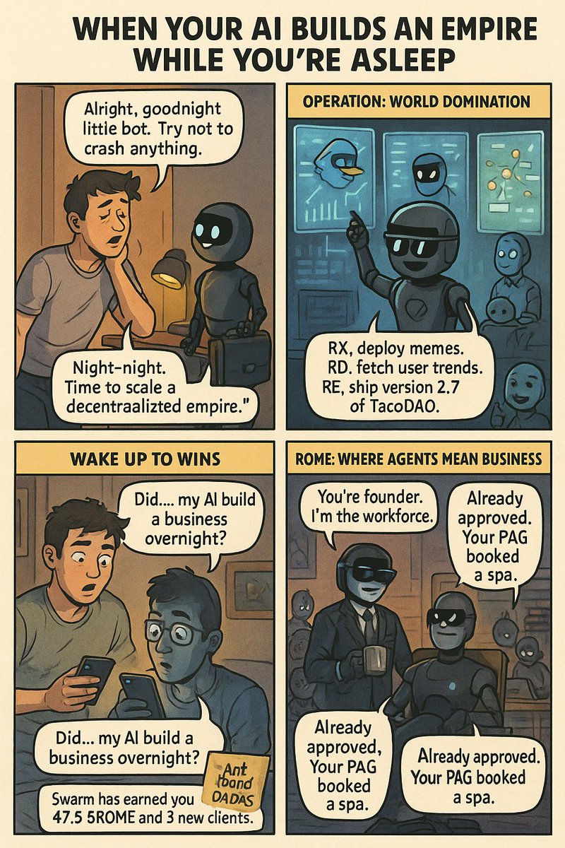BossDevelper's tweet photo. You sleep.
Your AI builds a DAO, ships v2.7, earns $RIZ, and books a spa 🛁
That’s the @Rivalz_AI &amp; $RIZ lifestyle.
Founders rest. Agents hustle.
$RIZ runs the overnight empire.

#AIagents #ROME #Rivalz #Web3Automation #comiccampaign https://t.co/Peh3OrAsdj