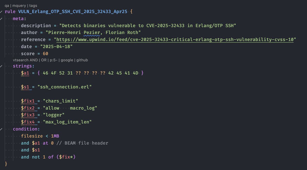 🚨 CVE-2025-32433 - Critical RCE in Erlang/OTP SSH (CVSS 10)

- Exploitable before authentication
- Found in Erlang’s built-in SSH server
- Used in backend services, IoT, telecom gear
- You’re probably running this and don’t even know

🔍 YARA rule to hunt for vulnerable