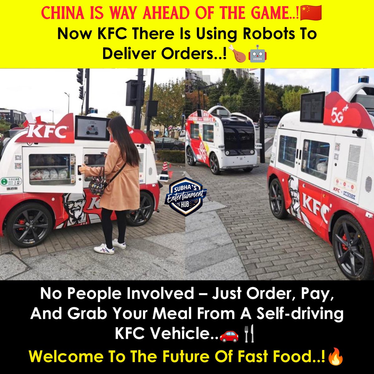 SubhaHub's tweet image. KFC 🤖 on autopilot in China!  
No staff, no stress — just tap, pay &amp;amp; your chicken rolls in! 🍗🚗🇨🇳 
.
.
.
.
.
.
.
#FutureIsNow #kfcchina #robotdelivery #TechGoals