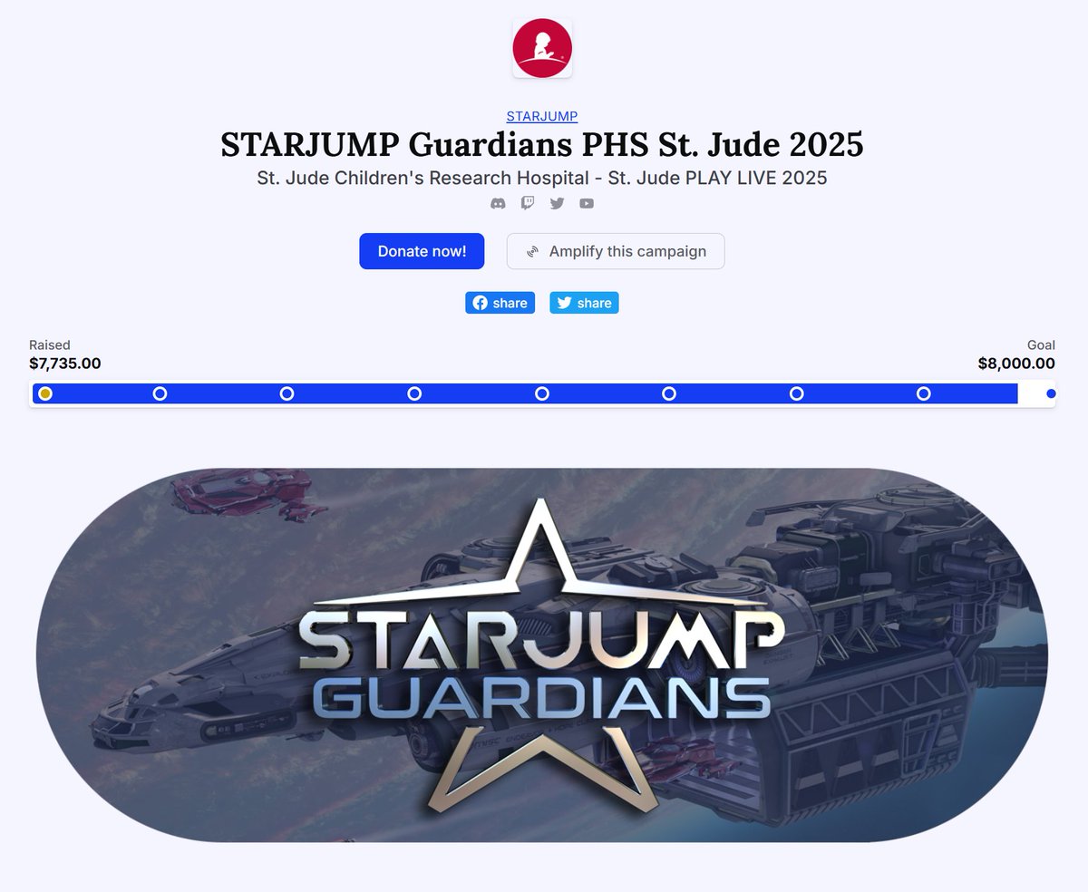 starjumporg's tweet photo. Thanks to our entire Starjump community for their incredible generosity towards our St. Jude Play Live campaign. We're closing in 8,000 dollars raised with some incredible raffle prizes up for offer!  Donate towards this fantastic cause!  https://t.co/ccRKEHsNZA https://t.co/gnOWkbPTL0