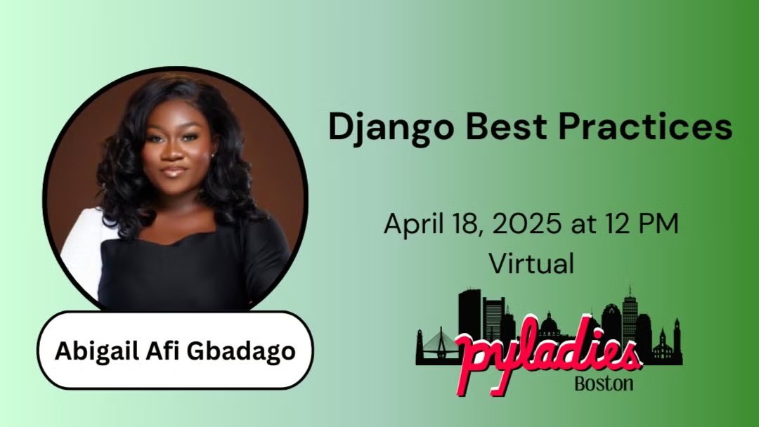 Afi (@afi_maame) on Twitter photo Hi everyone ππΎ ,
Today, I'm presenting βBest Practices for Clean Code with Django' with <a href="/PyLadiesBoston/">PyLadies Boston</a> !
Proud to represent <a href="/PyLadiesGhana/">PyLadies Ghana</a> and connect our Python communities. Can't wait to share knowledge and learn from this incredible group!
meetup.com/pyladies-bostoβ¦ Hi everyone ππΎ ,
Today, I'm presenting βBest Practices for Clean Code with Django' with <a href="/PyLadiesBoston/">PyLadies Boston</a> !
Proud to represent <a href="/PyLadiesGhana/">PyLadies Ghana</a> and connect our Python communities. Can't wait to share knowledge and learn from this incredible group!
meetup.com/pyladies-bostoβ¦