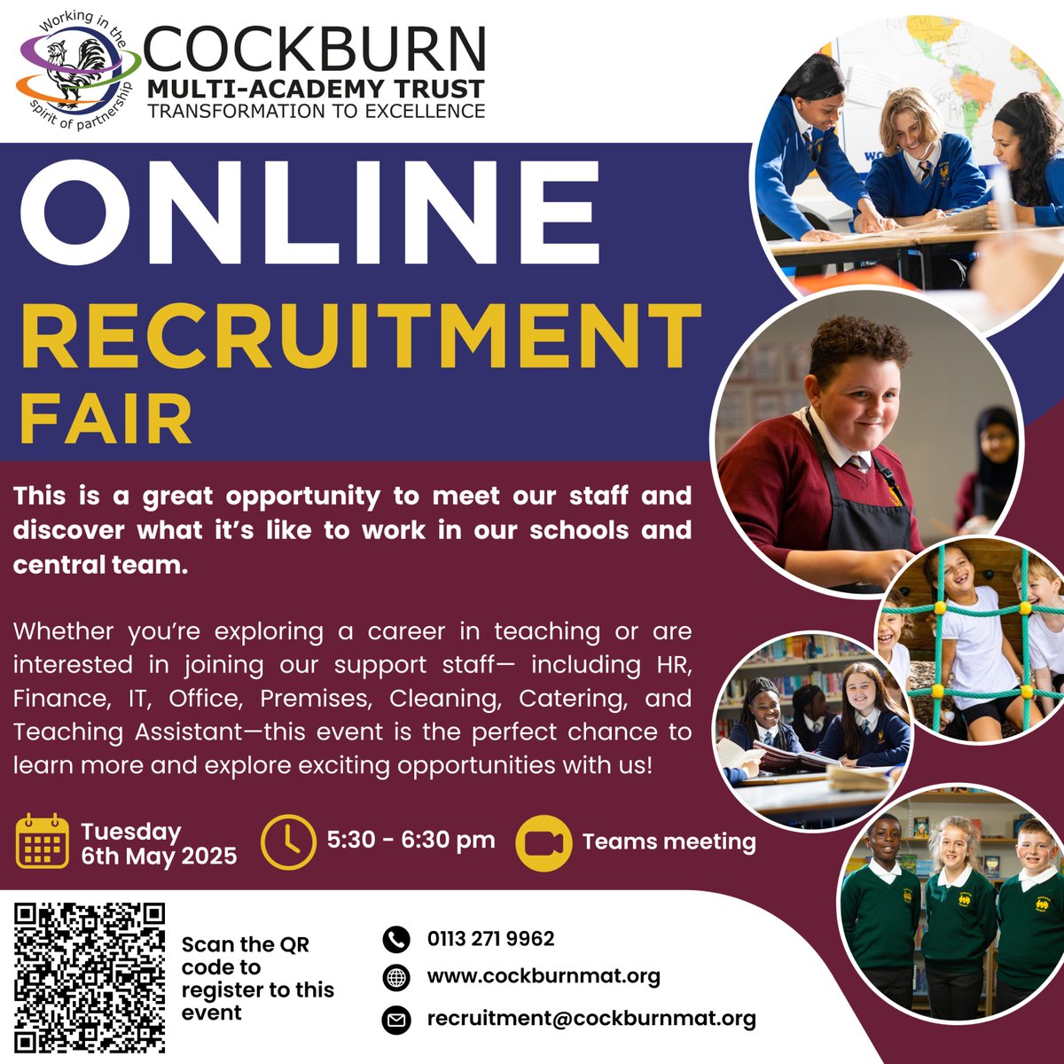 Cockburn MAT Online Recruitment Fair 6th May 2025. Scan the QR code to register.