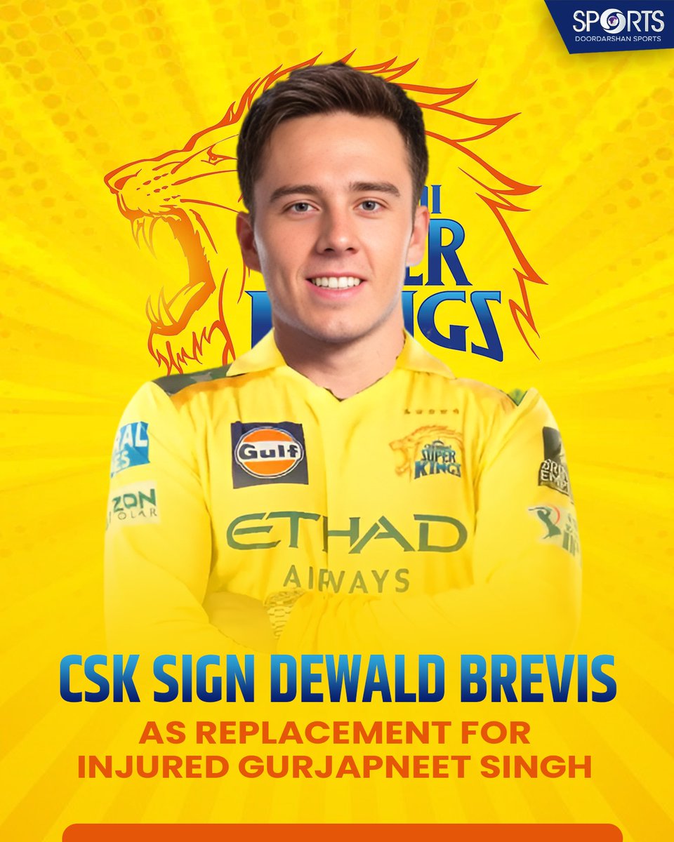 ddsportschannel's tweet photo. Chennai Super Kings have roped in South African batter Dewald Brevis to replace the injured Gurjapneet Singh for the rest of IPL 2025.
#CSK #DewaldBrevis #IPL2025 #ChennaiSuperKings #IPLReplacement #GurjapneetSingh
@IPL @ChennaiIPL https://t.co/Ru8hCm1tFO