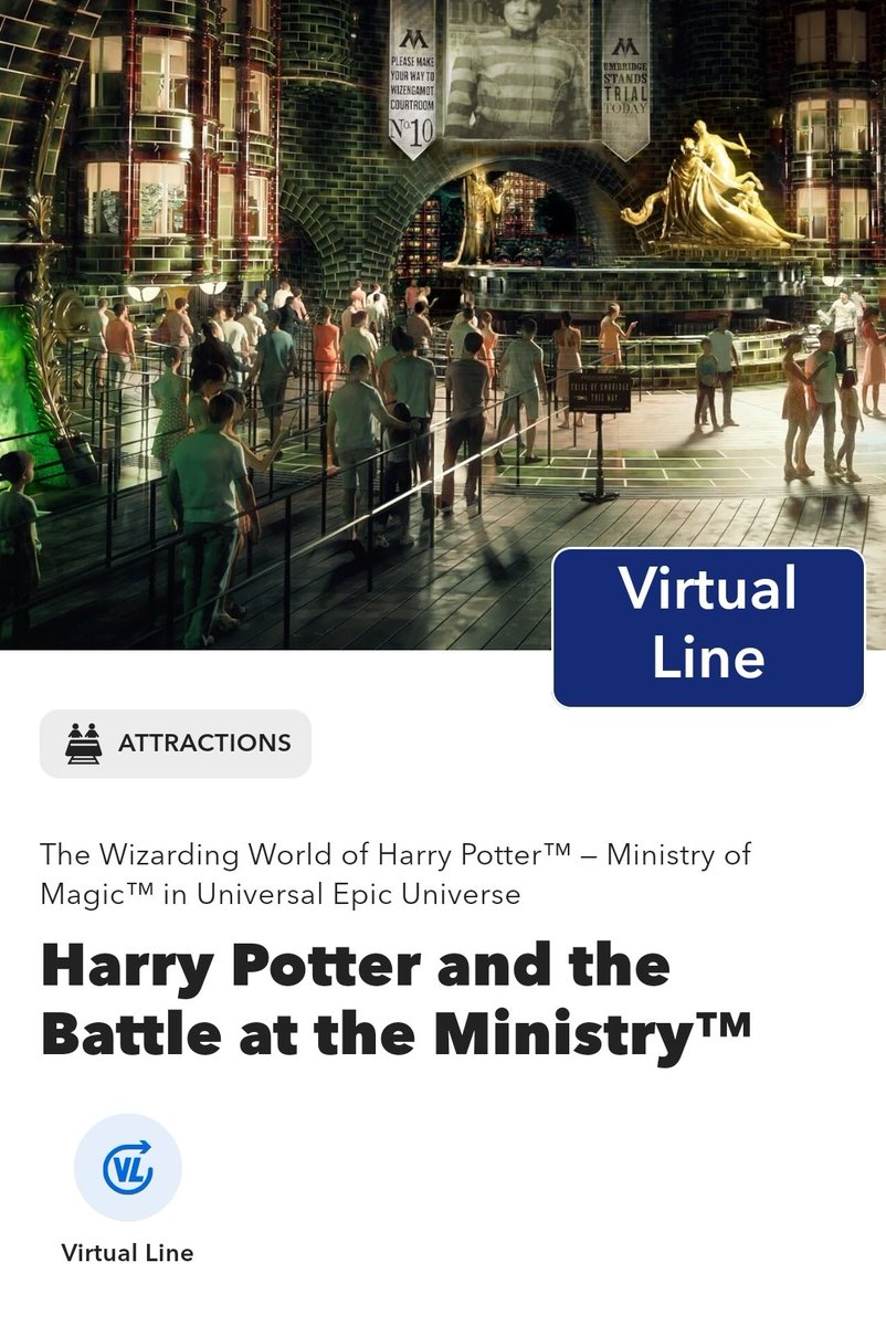 For those trying to get Virtual Line for Battle at the Ministry, when the time slots drop, the VL icon (lower left) will appear on the attraction's page in the app. You press that for the time to come up. Good luck!