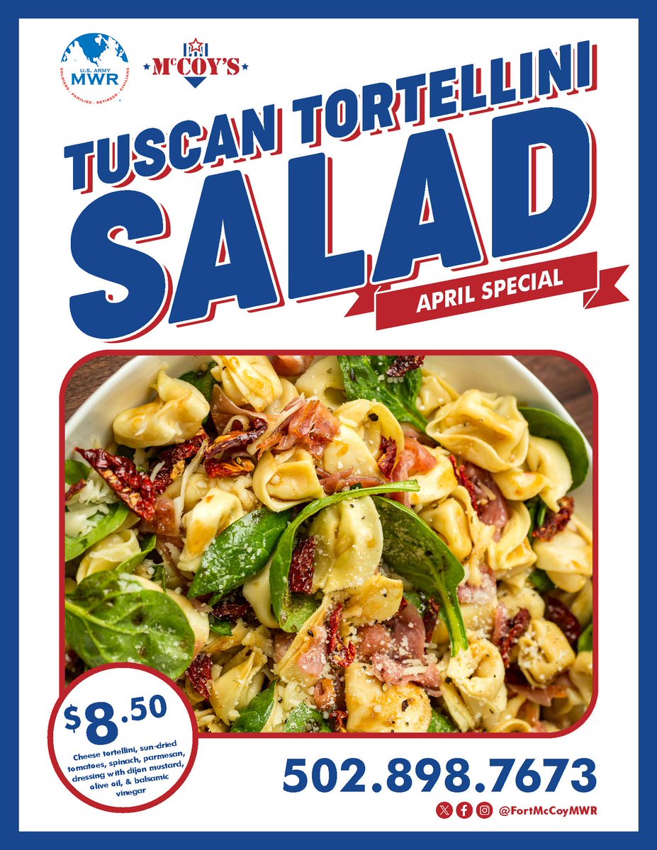 FortMcCoyMWR's tweet image. Don't miss the Tuscan Tortellini Salad at McCoy's - a perfect blend of fresh ingredients and bold flavors! Available for a limited time! #McCoysEats #AprilSpecial @181MFTB @88RDBlueDevils @86thD #FreshFlavors #McCoys #SoldiersFamiliesRetireesCivilians