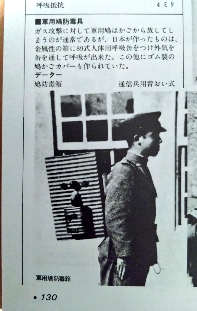 家についた。すぐ出せるところに本があった。日本の鳩兵の写真が載ってるのはこれ!
鳩を守るための防毒装置を付けた「軍用鳩防毒箱」を背負ってる通信兵。
宣伝用と思われるけど、兵隊さんはガスマスク付けてないんだ。
鳩、大事だからね。 