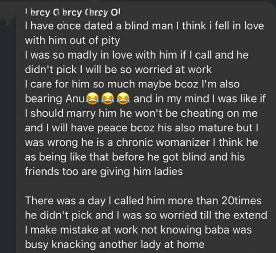 yabaleftonline's tweet photo. I thought he wouldn’t cheat on me - Nigerian lady narrates her experience dating a blind man who turned out to be a chronic womanizer https://t.co/SbuGjbJfEH